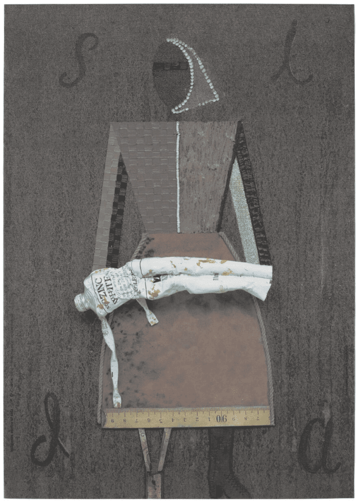  A two-dimensional female figure/nurse made of mixed media holding a limp horizontal figure made of a tube of zinc white paint with arms on a textile background bearing the letters 'SIDA' in each corner; advertising the danger of AIDS. Colour lithograph [by Eduardo Ponjuán and René Francisco], ca. 1995. Wellcome Collection.